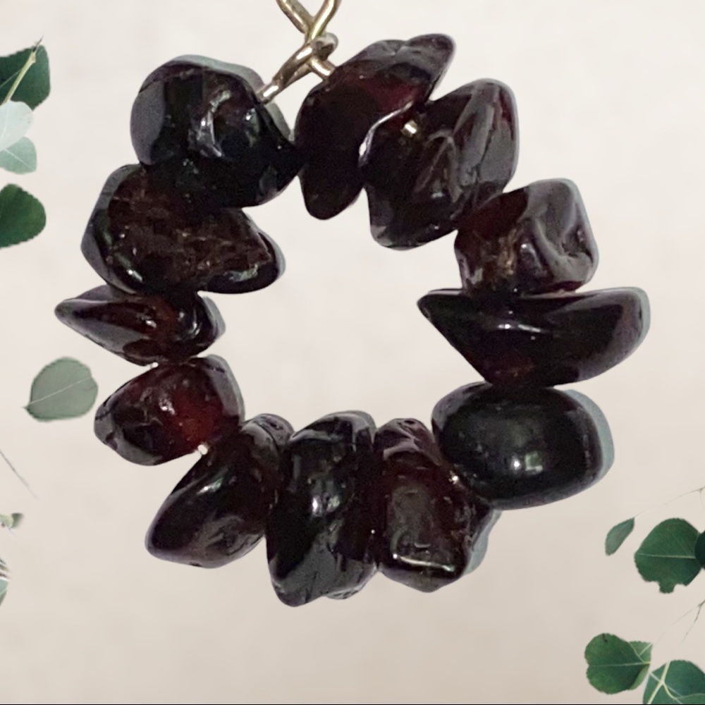 Hand Crafted Garnet Chip Earrings Sterling Silver Dangle Hoop Red Boho Pierced - Picture 2 of 5